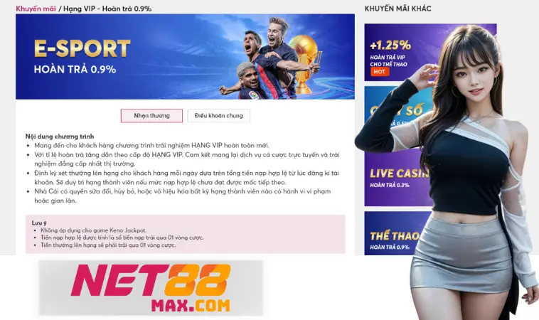 Hoàn trả 0.9% cược E-sport nhận thưởng sau khi trải qua 1 vòng cược Hoàn trả 0.9% cược E-sport nhận thưởng sau khi trải qua 1 vòng cược