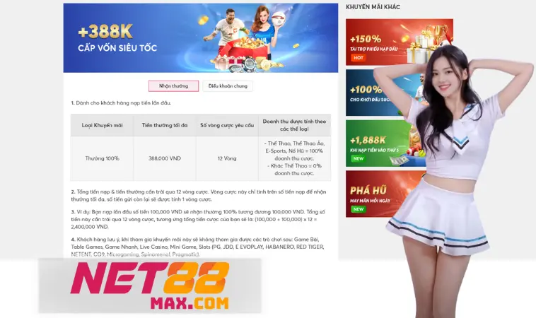 Net88 Tặng 388k | Nhận Tối Đa 388,000 VND Sau 12 Vòng Cược 1 Net88 tặng 388k ngay sau 12 vòng cược